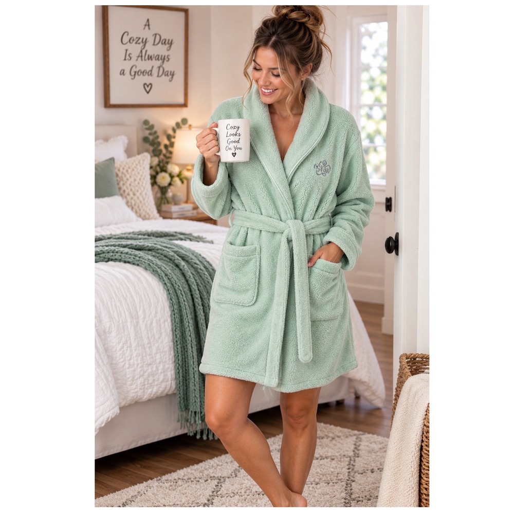 Victorias Secret Angel Mint Green Plush Fleece Robe M/L Shawl Collar Pockets